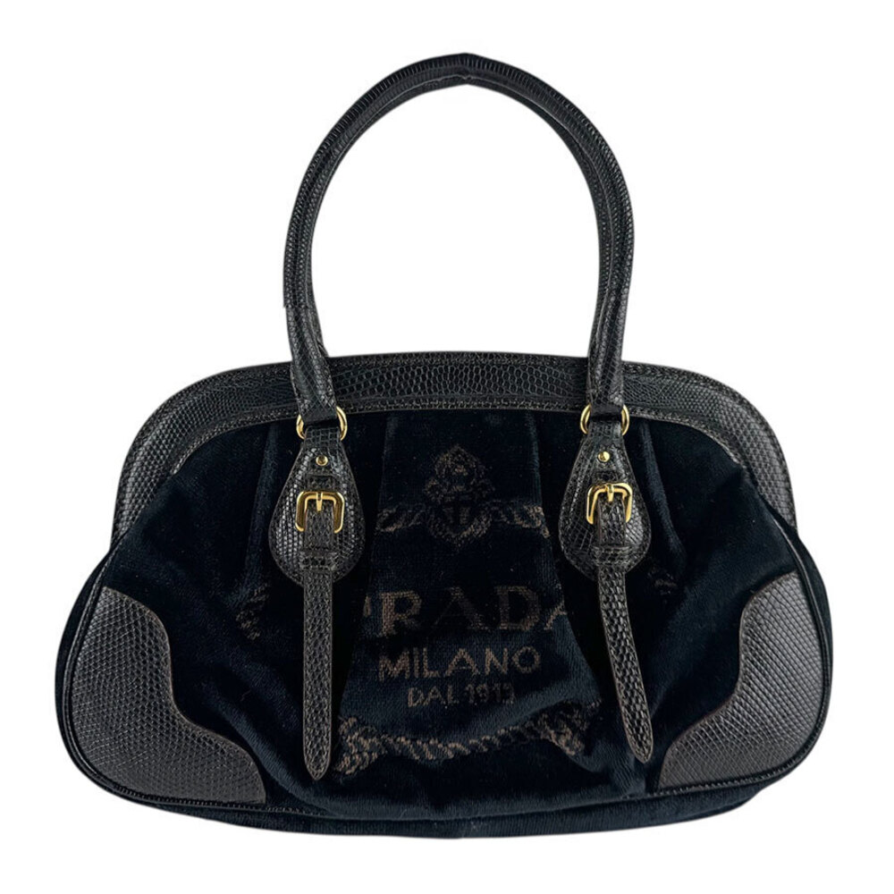 Prada handbag velvet embossed leather black dark brown gold
